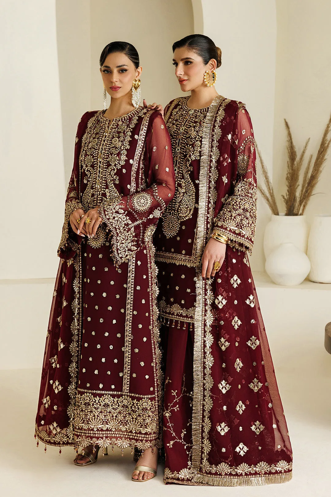 Maroon formal shirt and dupatta set in chiffon and organza – view 1 – Poshaq