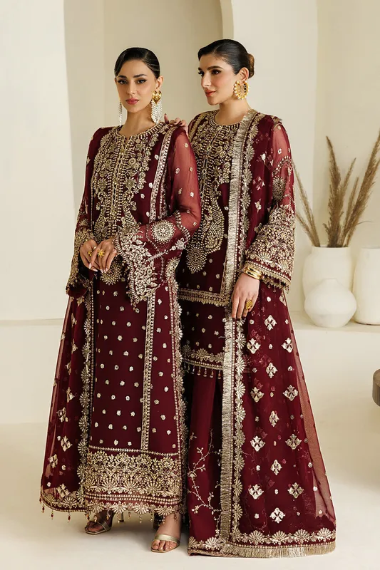 Maroon formal shirt and dupatta set in chiffon and organza – view 1 – Poshaq
