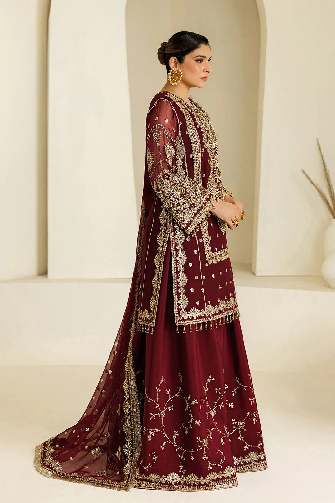 Maroon formal shirt and dupatta set in chiffon and organza – view 10 – Poshaq