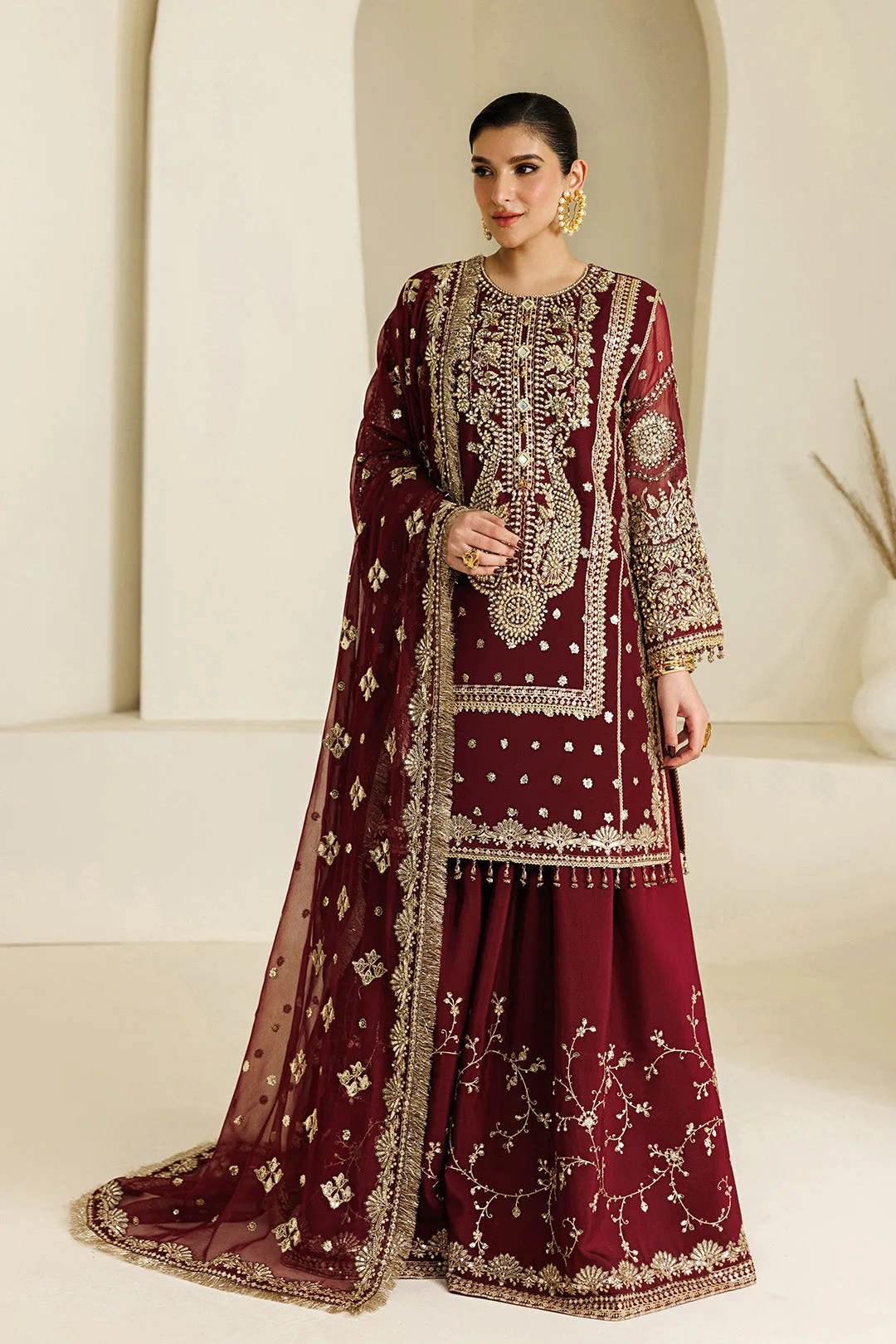 Maroon formal shirt and dupatta set in chiffon and organza – view 11 – Poshaq