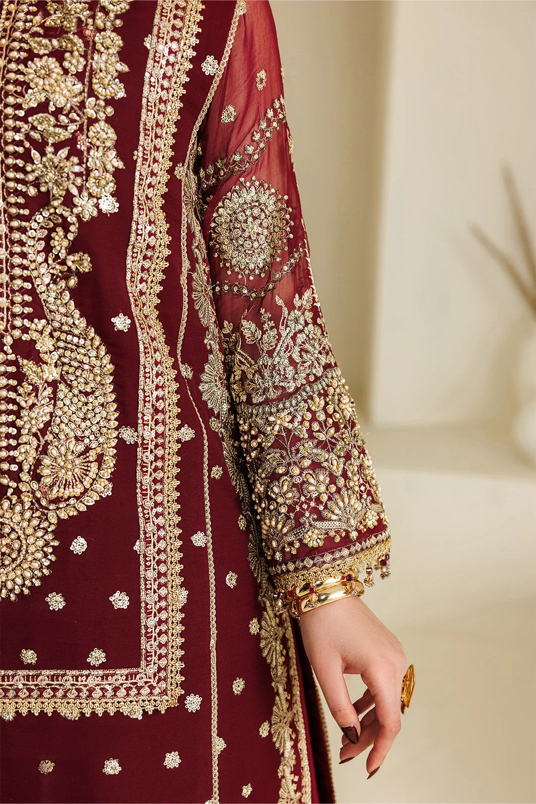 Maroon formal shirt and dupatta set in chiffon and organza – view 12 – Poshaq