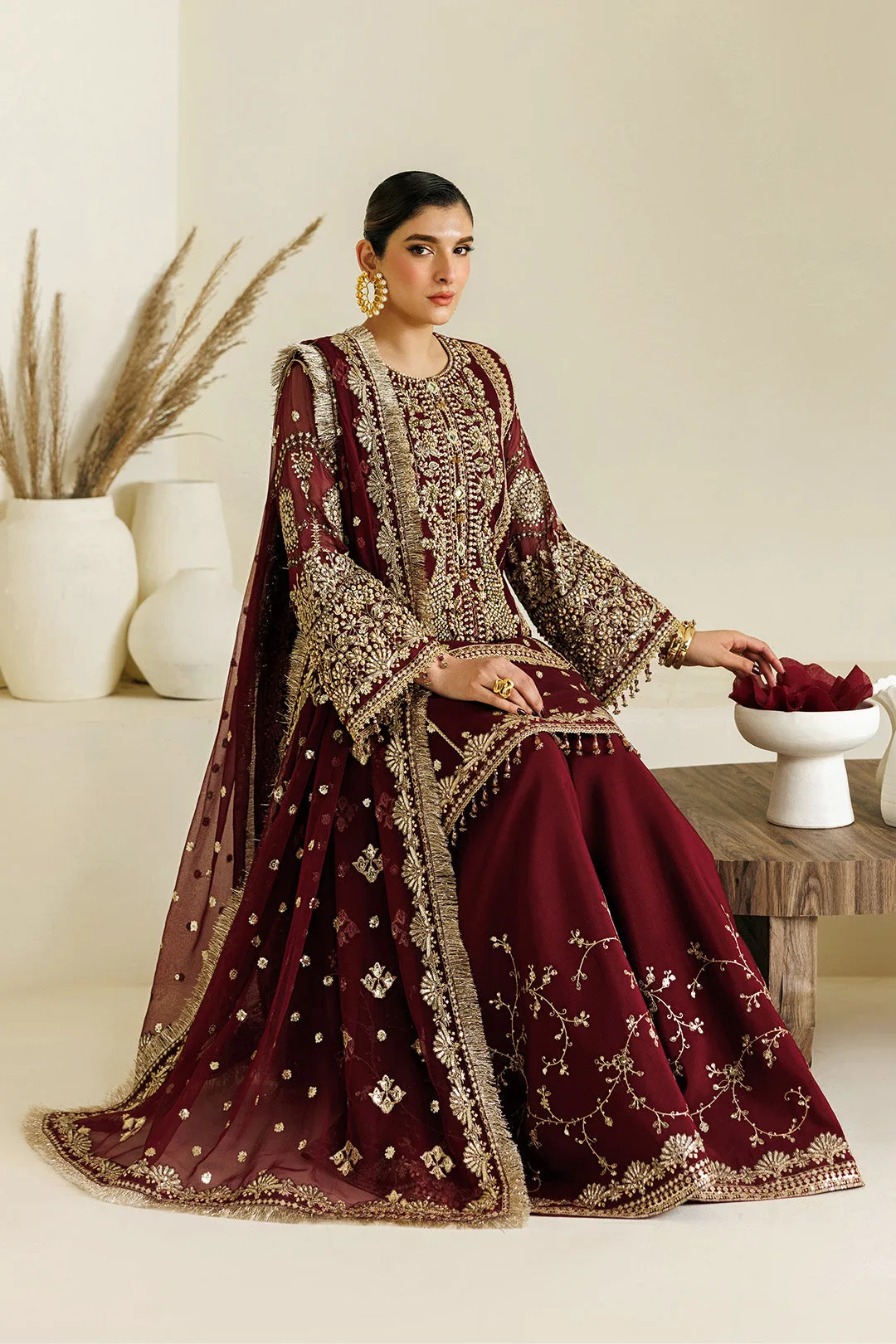 Maroon formal shirt and dupatta set in chiffon and organza – view 13 – Poshaq