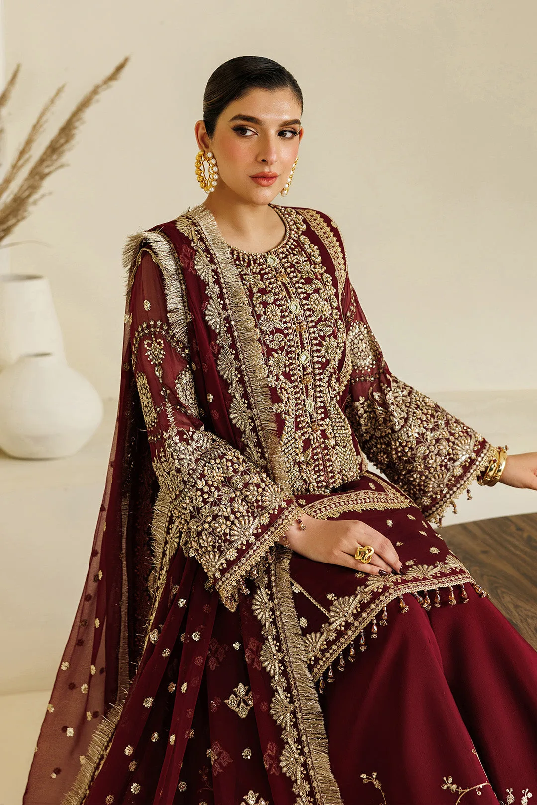 Maroon formal shirt and dupatta set in chiffon and organza – view 14 – Poshaq