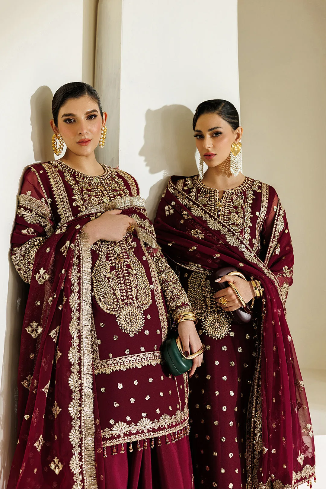 Maroon formal shirt and dupatta set in chiffon and organza – view 2 – Poshaq