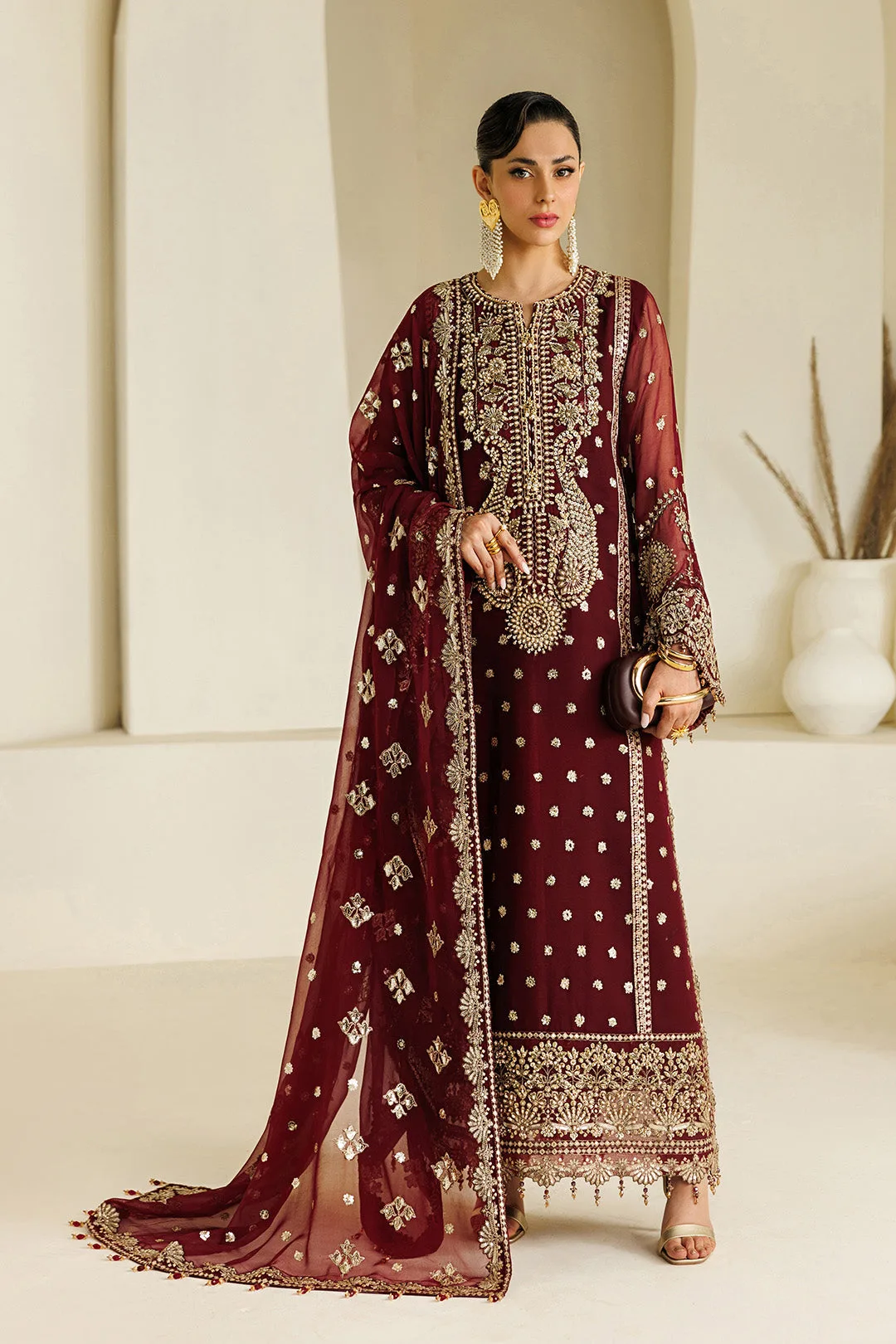 Maroon formal shirt and dupatta set in chiffon and organza – view 3 – Poshaq
