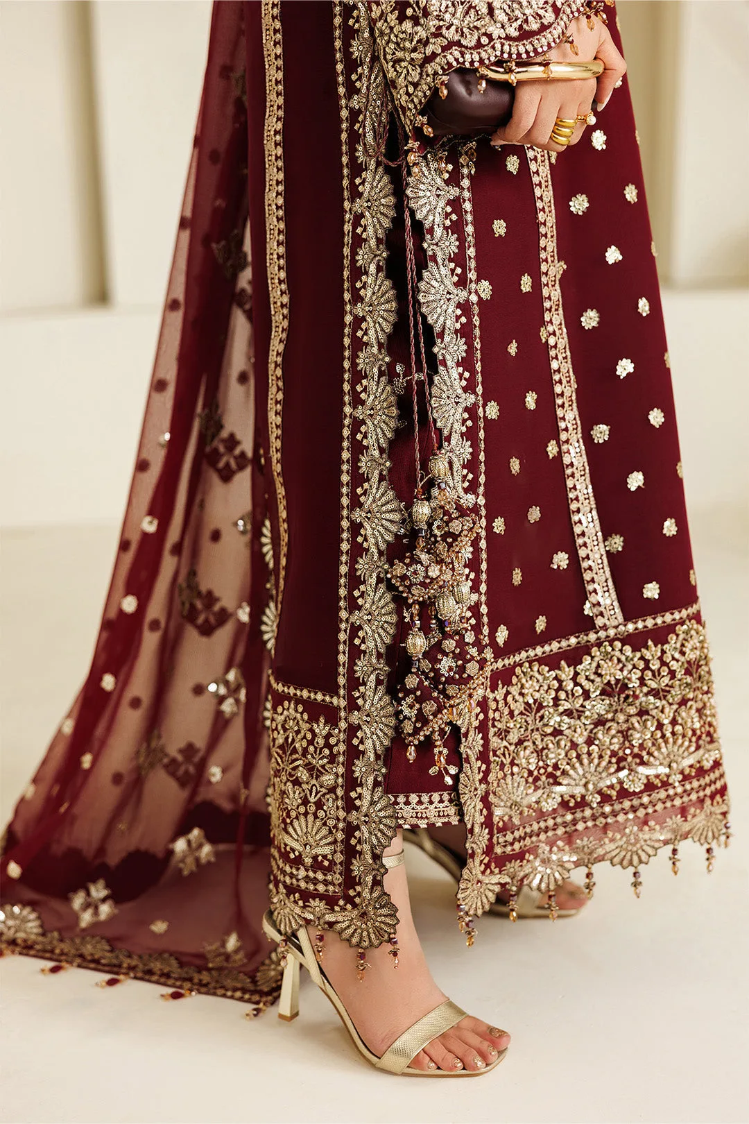 Maroon formal shirt and dupatta set in chiffon and organza – view 4 – Poshaq