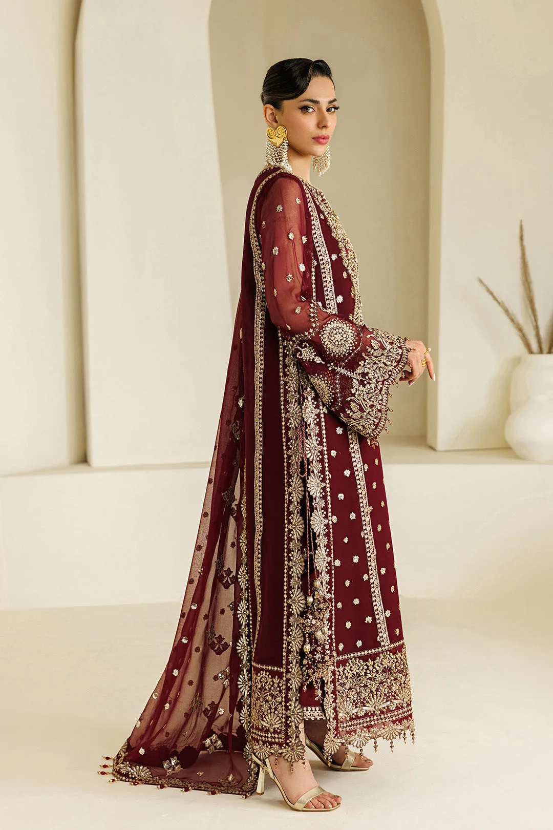 Maroon formal shirt and dupatta set in chiffon and organza – view 5 – Poshaq