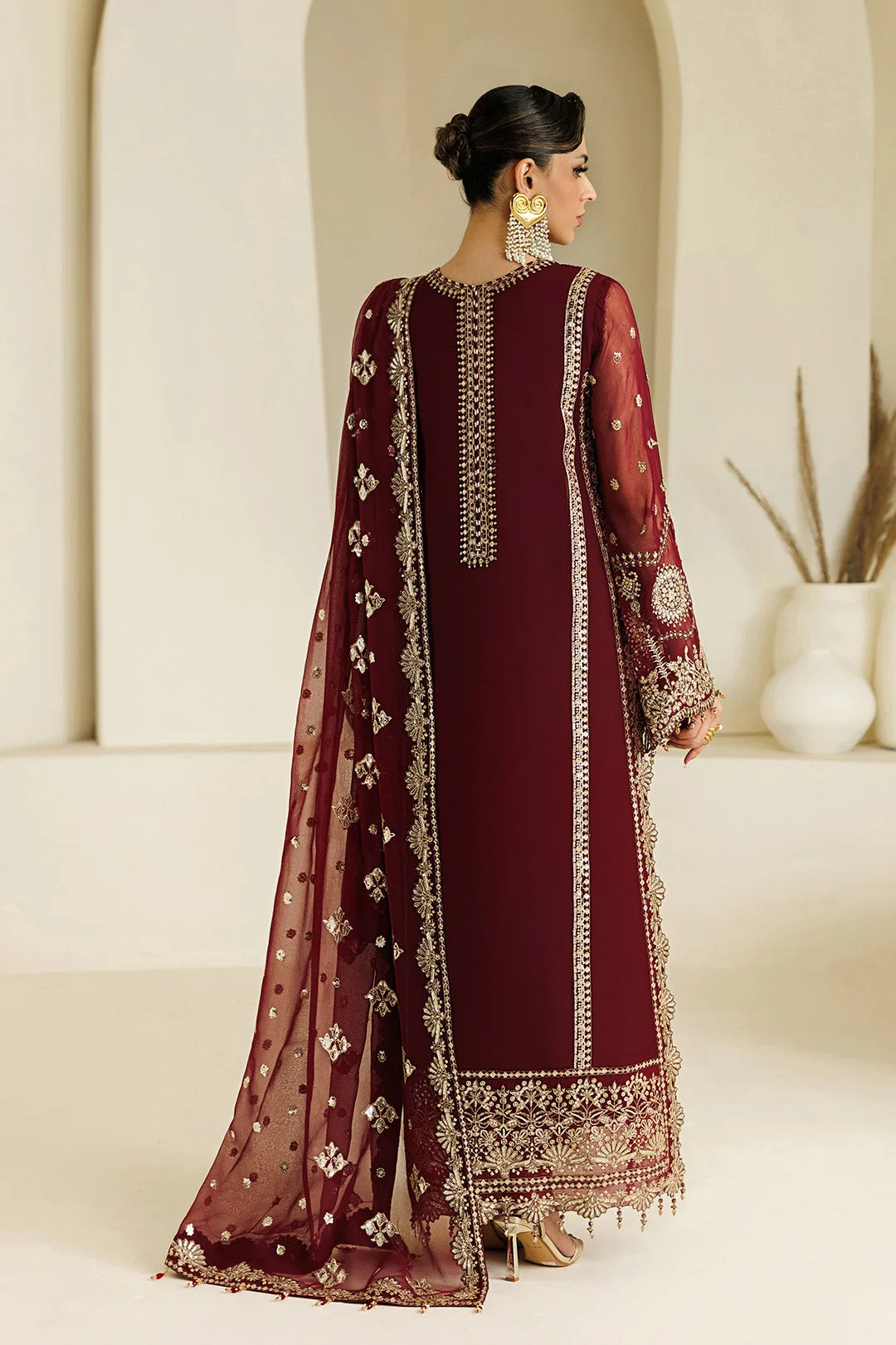 Maroon formal shirt and dupatta set in chiffon and organza – view 6 – Poshaq