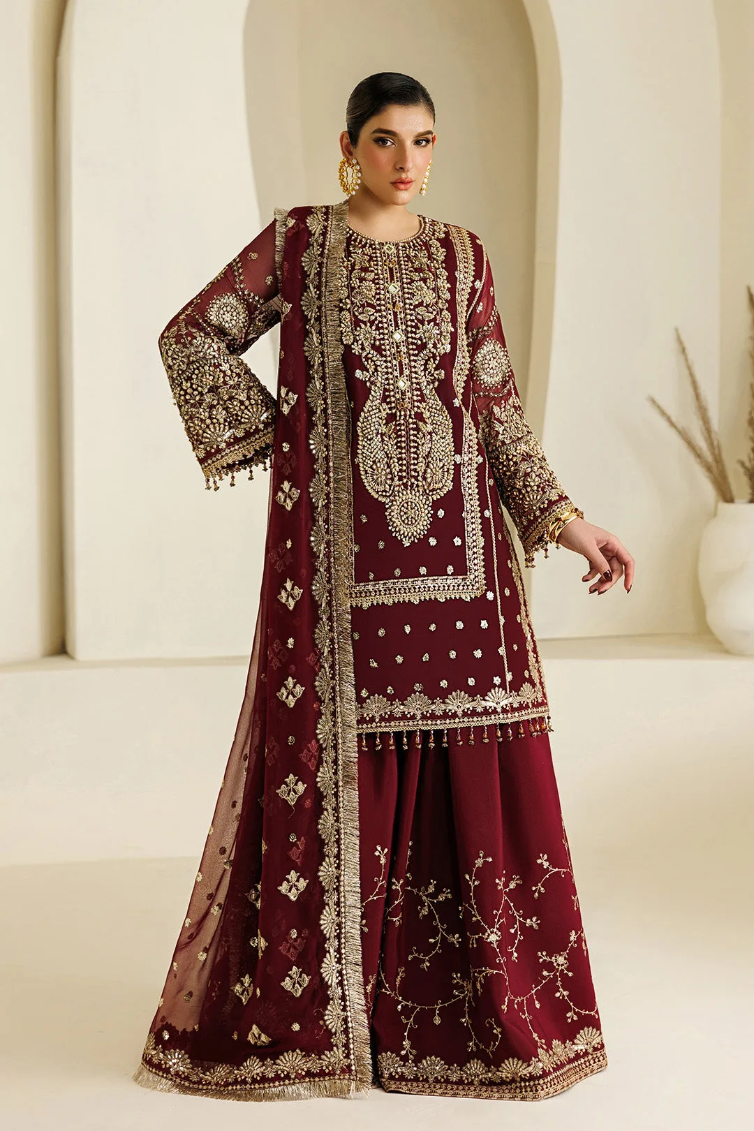 Maroon formal shirt and dupatta set in chiffon and organza – view 7 – Poshaq