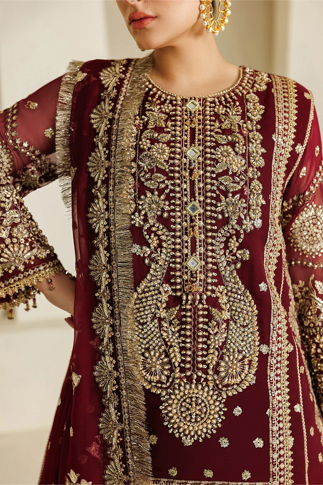 Maroon formal shirt and dupatta set in chiffon and organza – view 8 – Poshaq