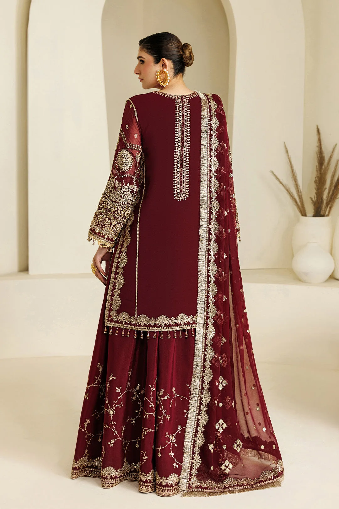 Maroon formal shirt and dupatta set in chiffon and organza – view 9 – Poshaq