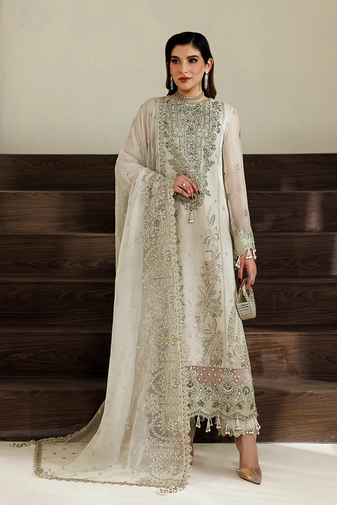 off white long chiffon shirt with subtle detailing – view 1 – Poshaq