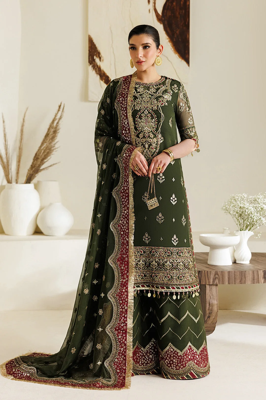 Deep olive green chiffon and organza suit with embroidered details – view 1 – Poshaq