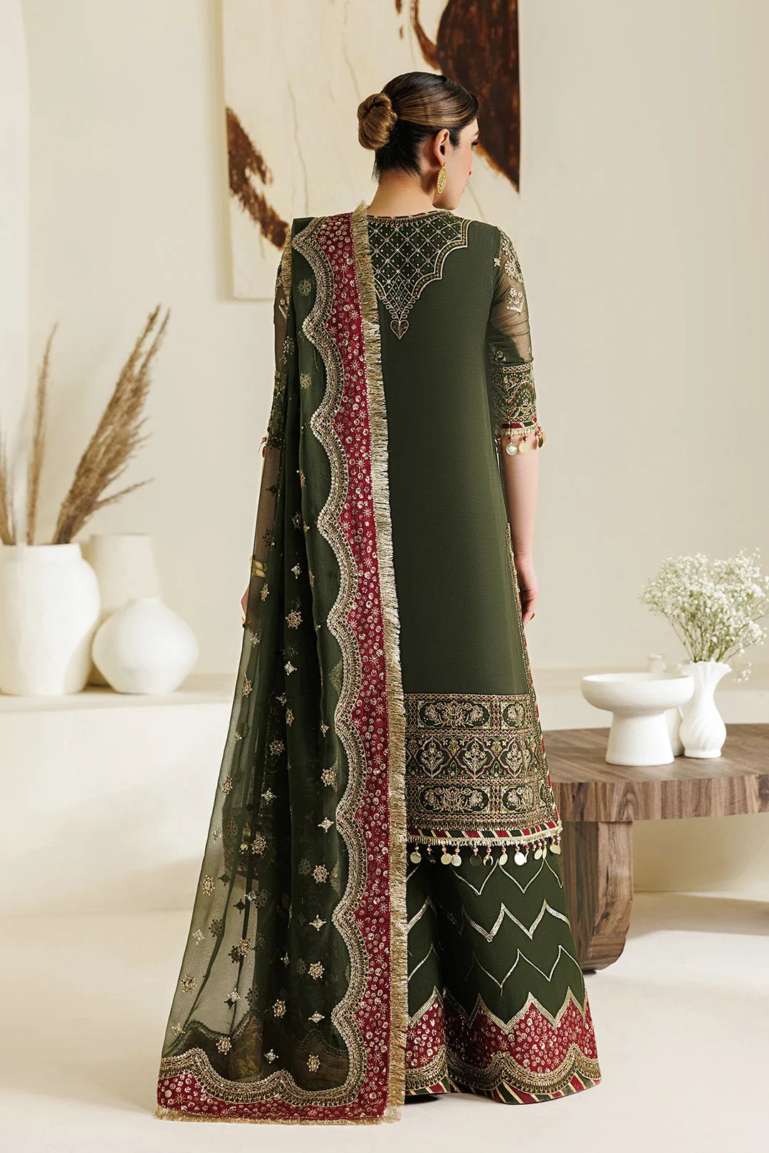 Deep olive green chiffon and organza suit with embroidered details – view 2 – Poshaq
