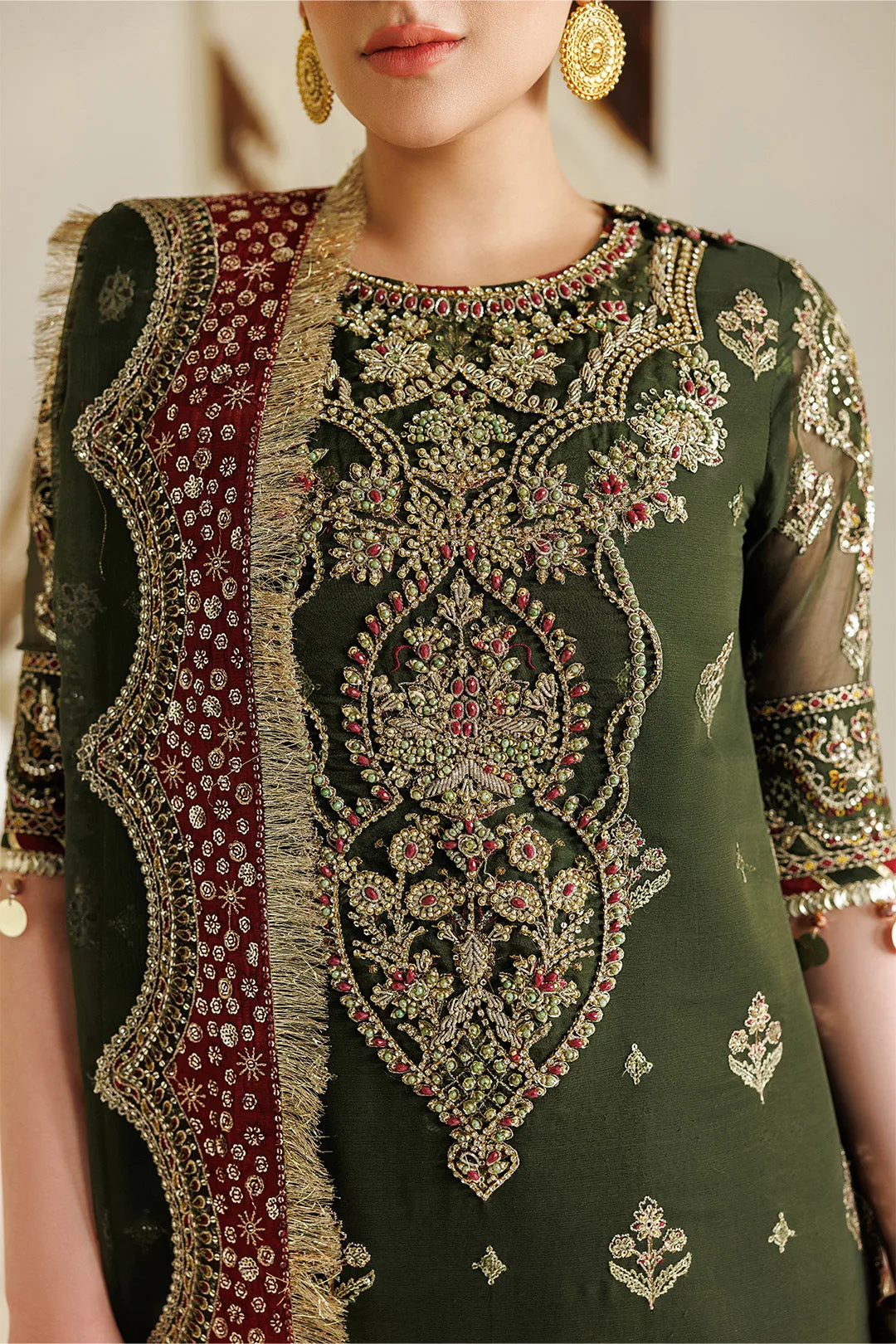 Deep olive green chiffon and organza suit with embroidered details – view 3 – Poshaq