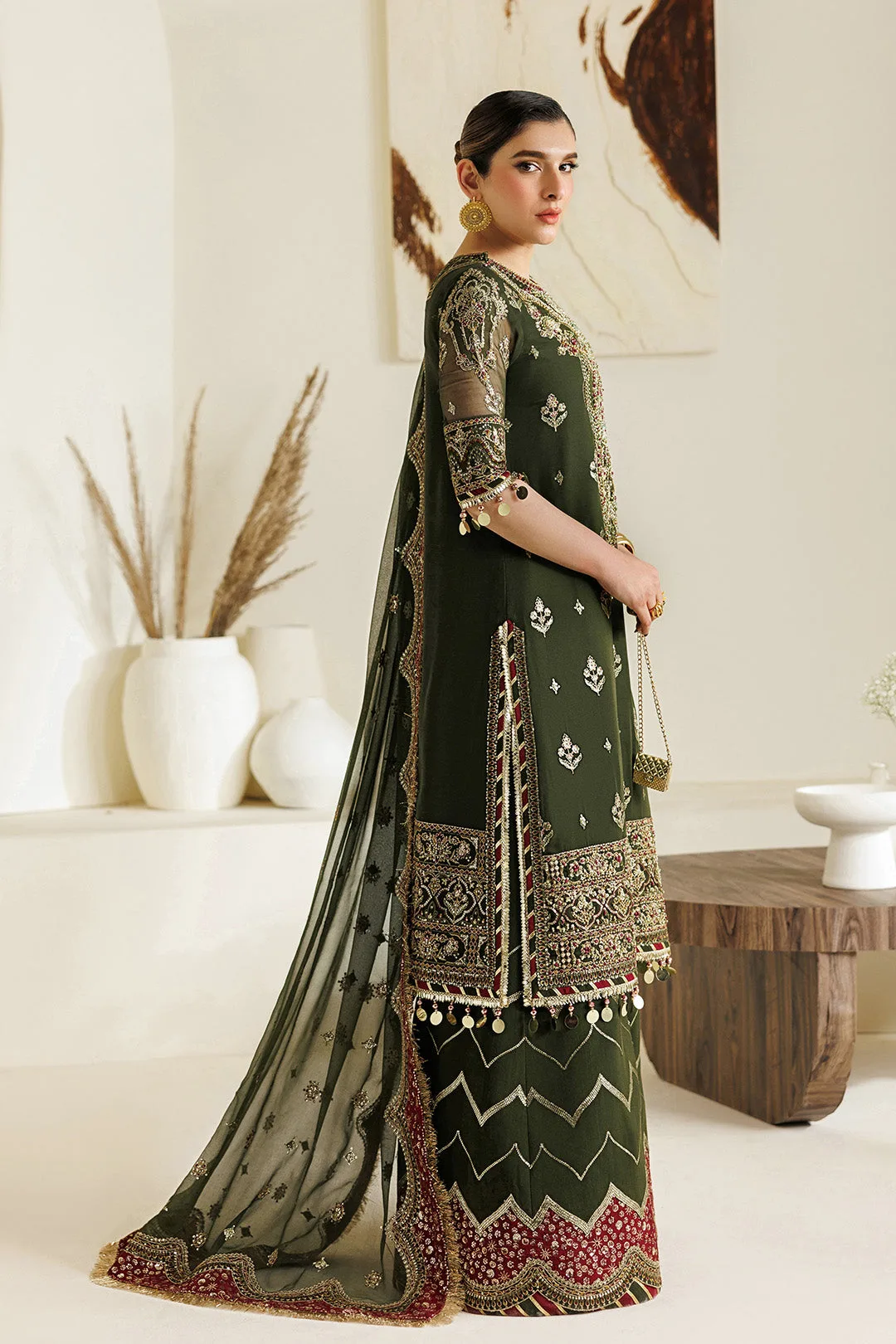 Deep olive green chiffon and organza suit with embroidered details – view 4 – Poshaq