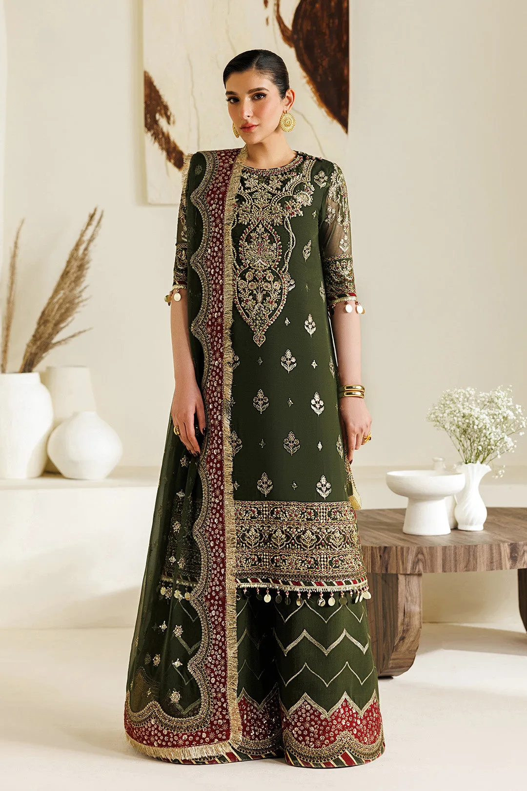 Deep olive green chiffon and organza suit with embroidered details – view 5 – Poshaq