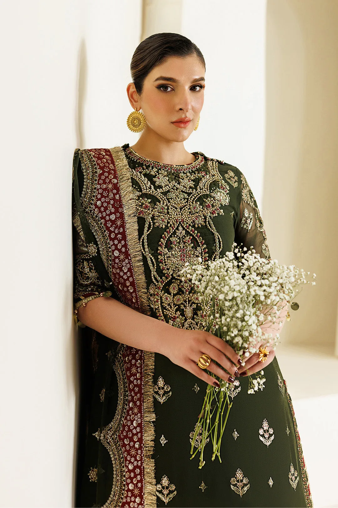 Deep olive green chiffon and organza suit with embroidered details – view 6 – Poshaq