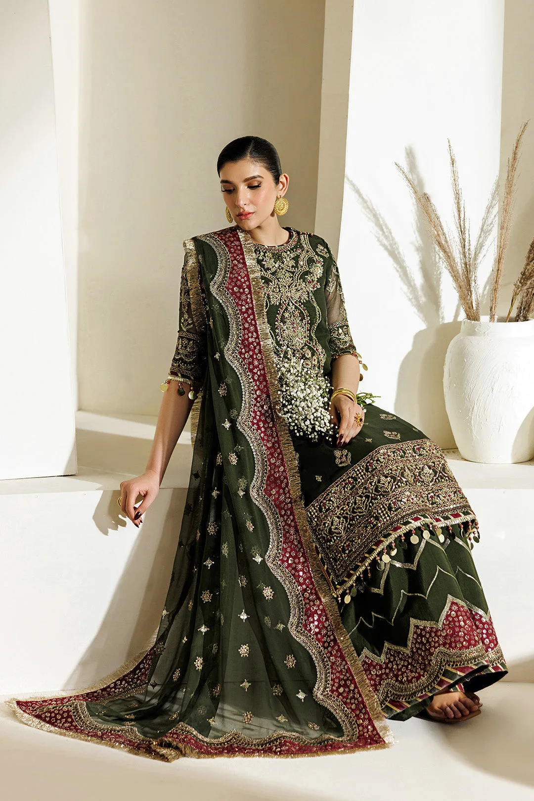 Deep olive green chiffon and organza suit with embroidered details – view 7 – Poshaq