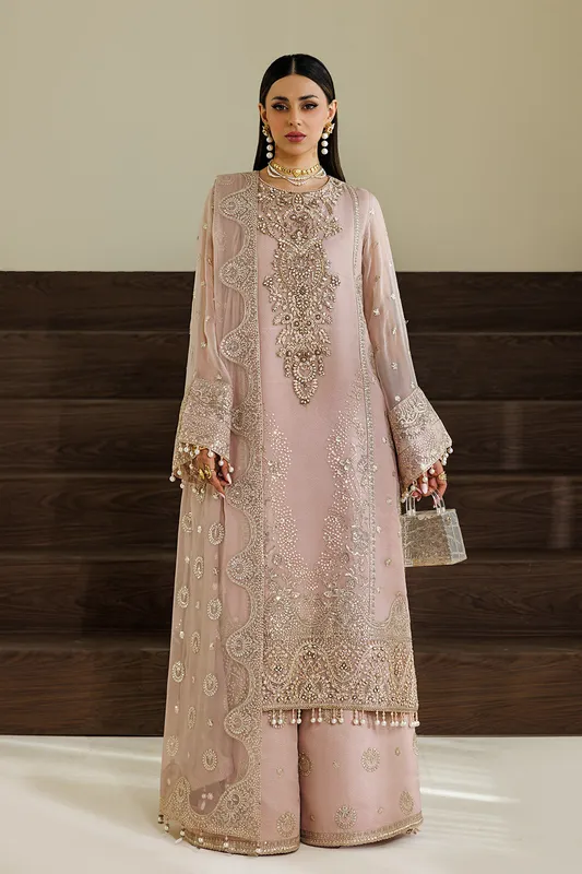 pink chiffon dress with organza detailing – view 1 – Poshaq