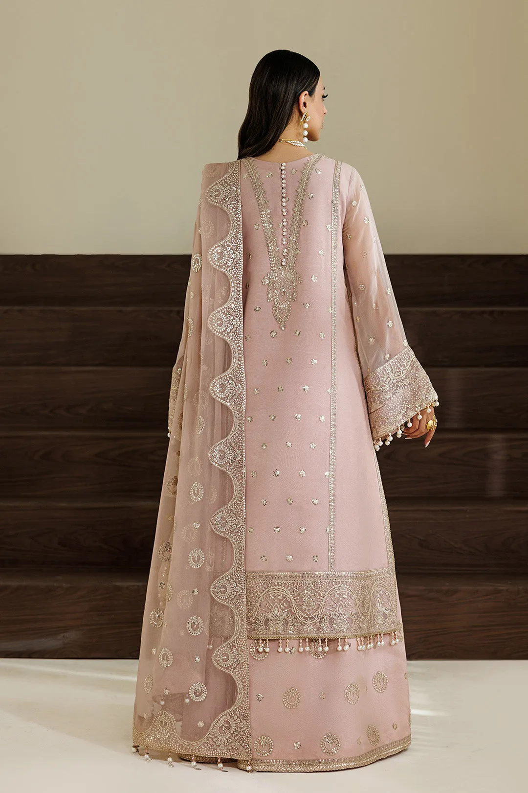 pink chiffon dress with organza detailing – view 2 – Poshaq
