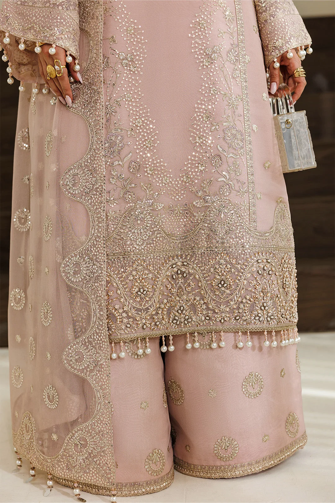 pink chiffon dress with organza detailing – view 3 – Poshaq