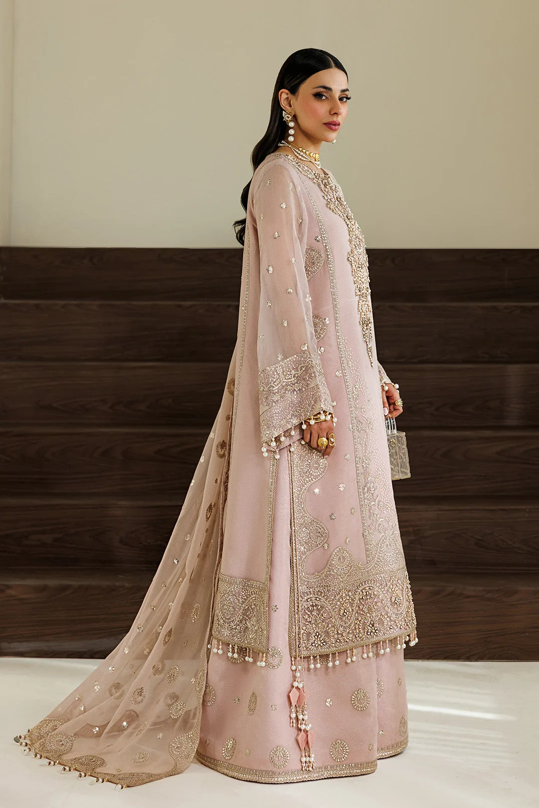 pink chiffon dress with organza detailing – view 4 – Poshaq