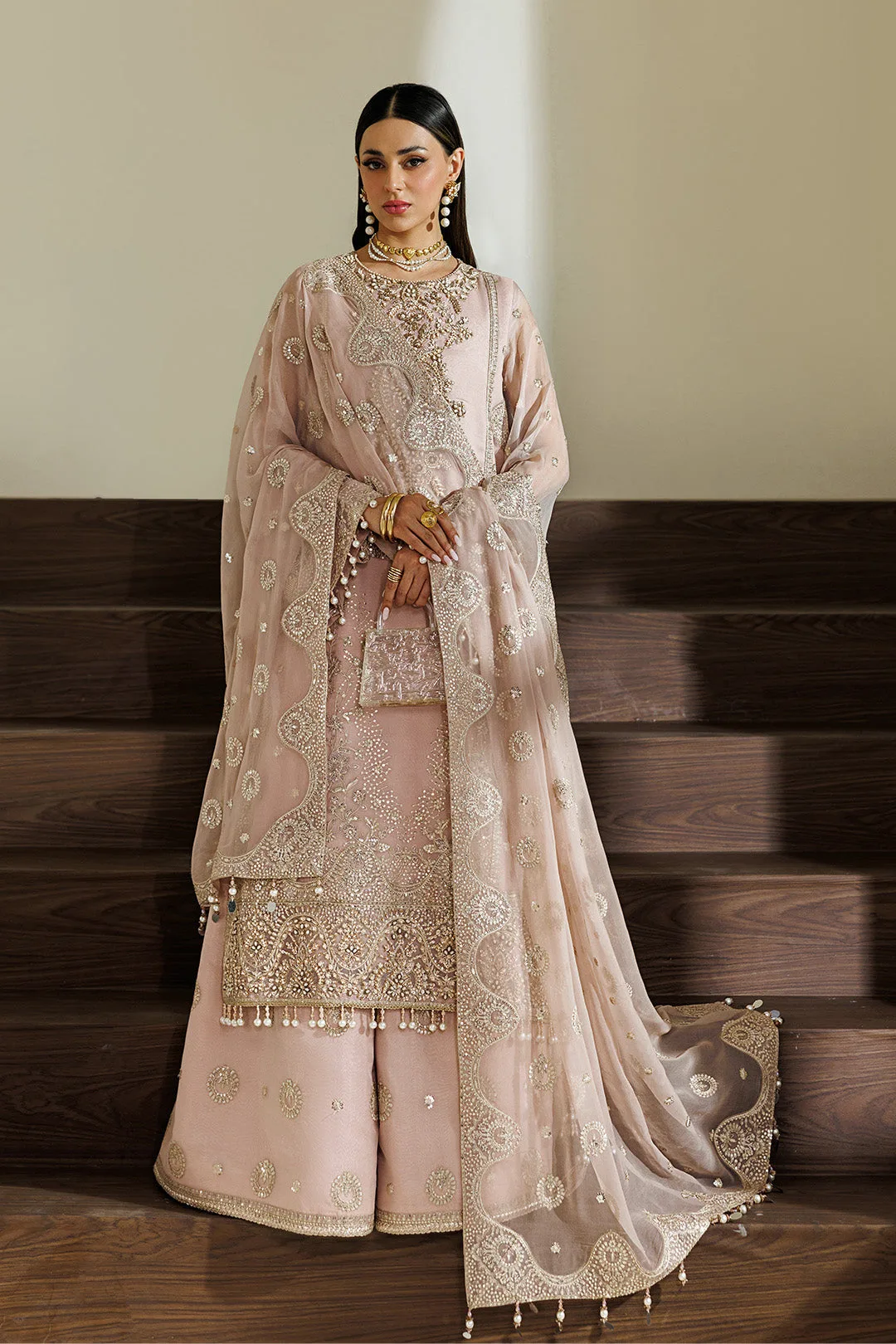 pink chiffon dress with organza detailing – view 5 – Poshaq