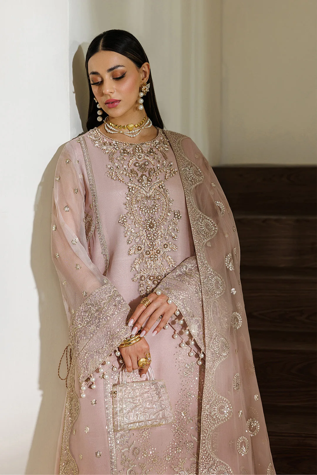 pink chiffon dress with organza detailing – view 6 – Poshaq