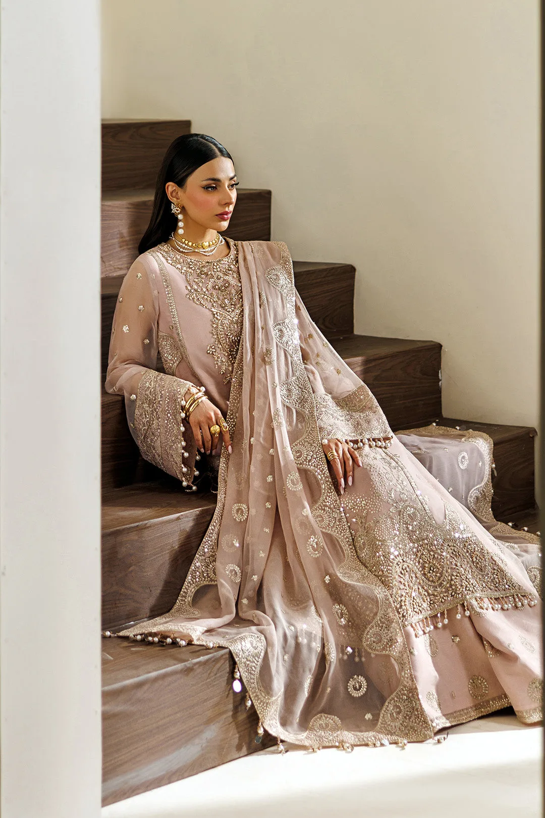 pink chiffon dress with organza detailing – view 7 – Poshaq