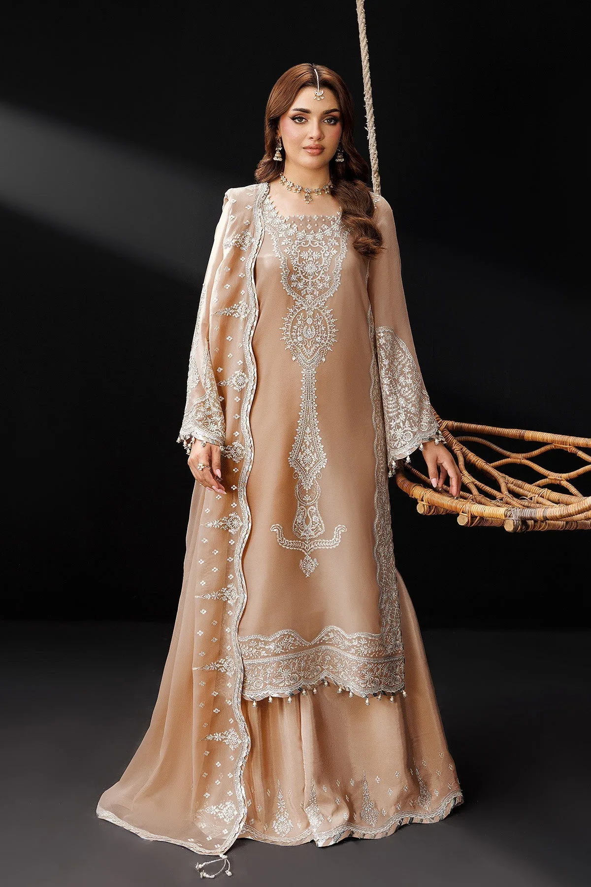 Light brown formal suit with raw silk trousers and chiffon dupatta – view 1 – Poshaq