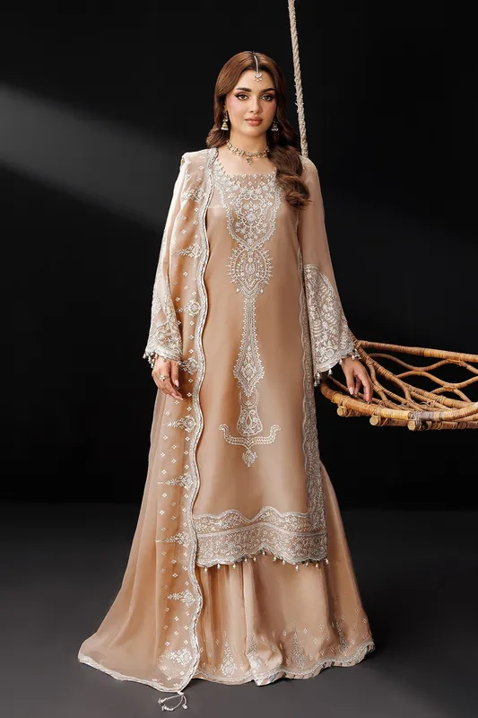 Light brown formal suit with raw silk trousers and chiffon dupatta – view 1 – Poshaq