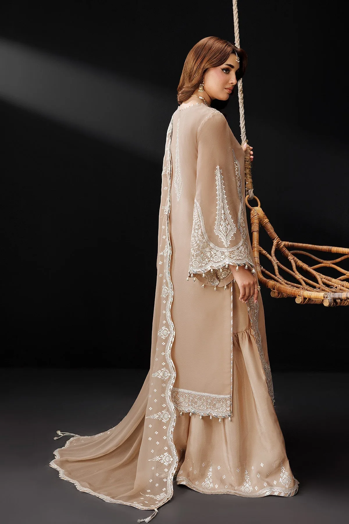 Light brown formal suit with raw silk trousers and chiffon dupatta – view 2 – Poshaq