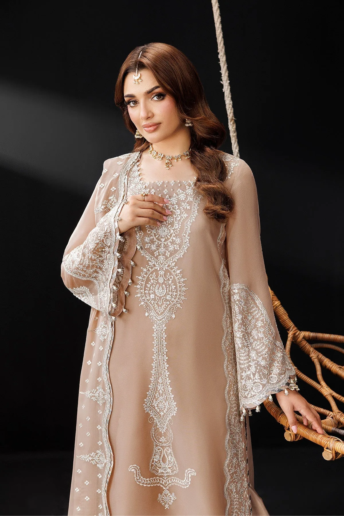 Light brown formal suit with raw silk trousers and chiffon dupatta – view 3 – Poshaq