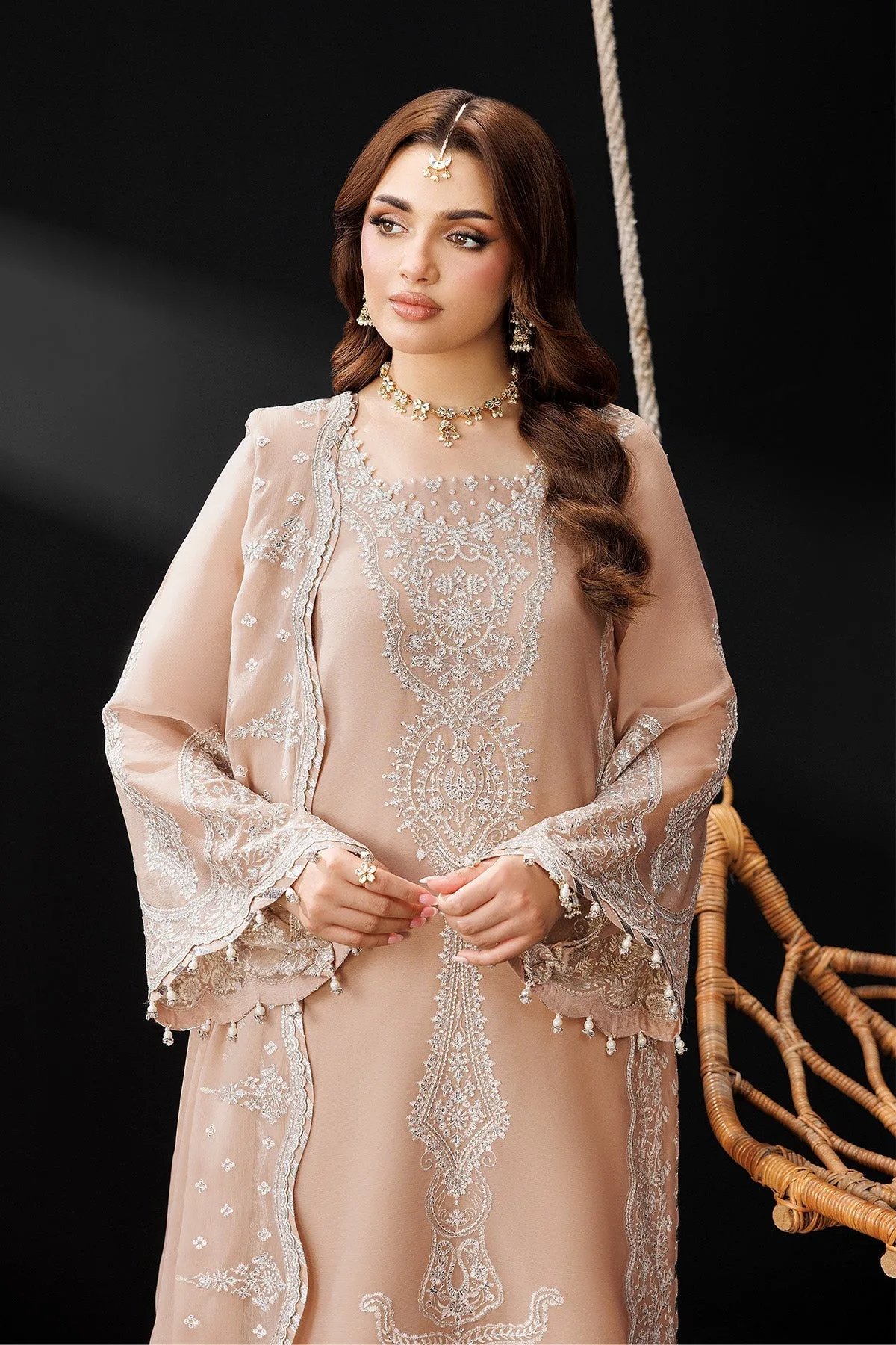 Light brown formal suit with raw silk trousers and chiffon dupatta – view 4 – Poshaq