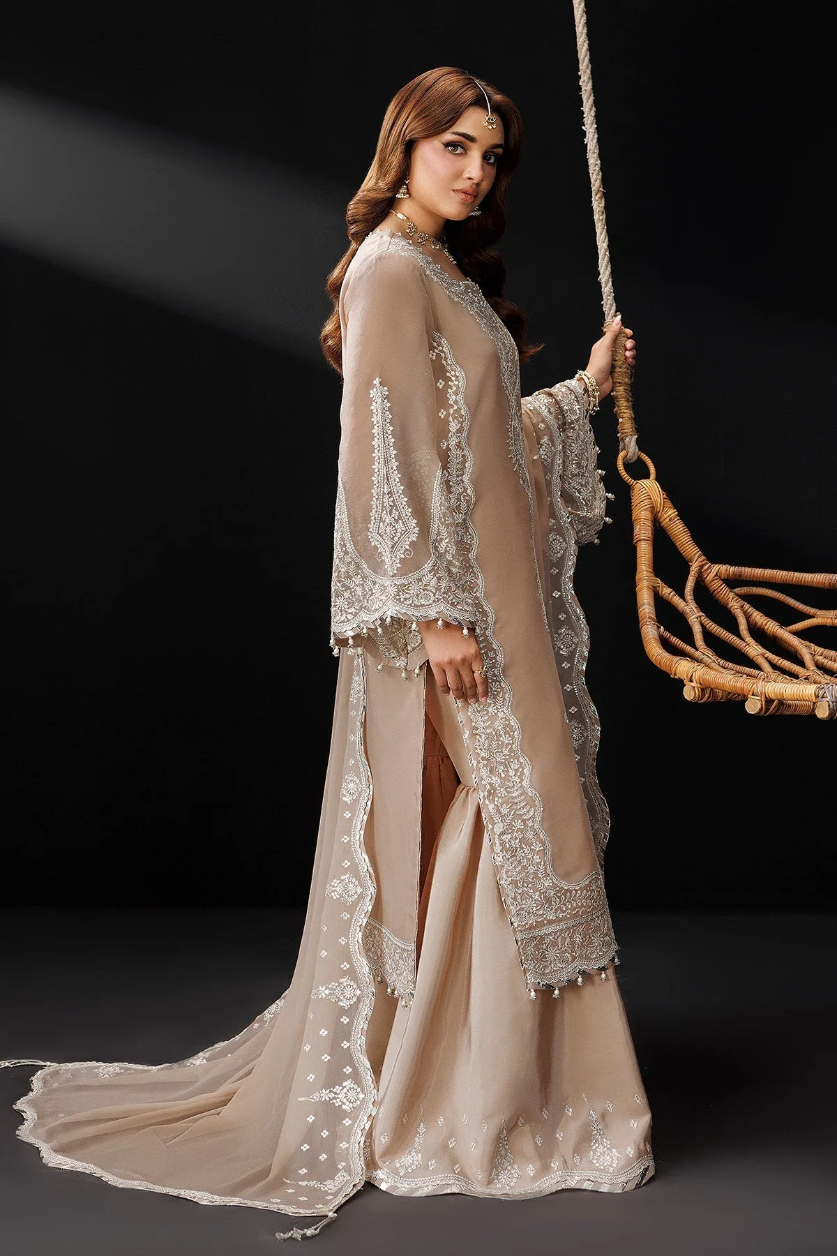 Light brown formal suit with raw silk trousers and chiffon dupatta – view 5 – Poshaq