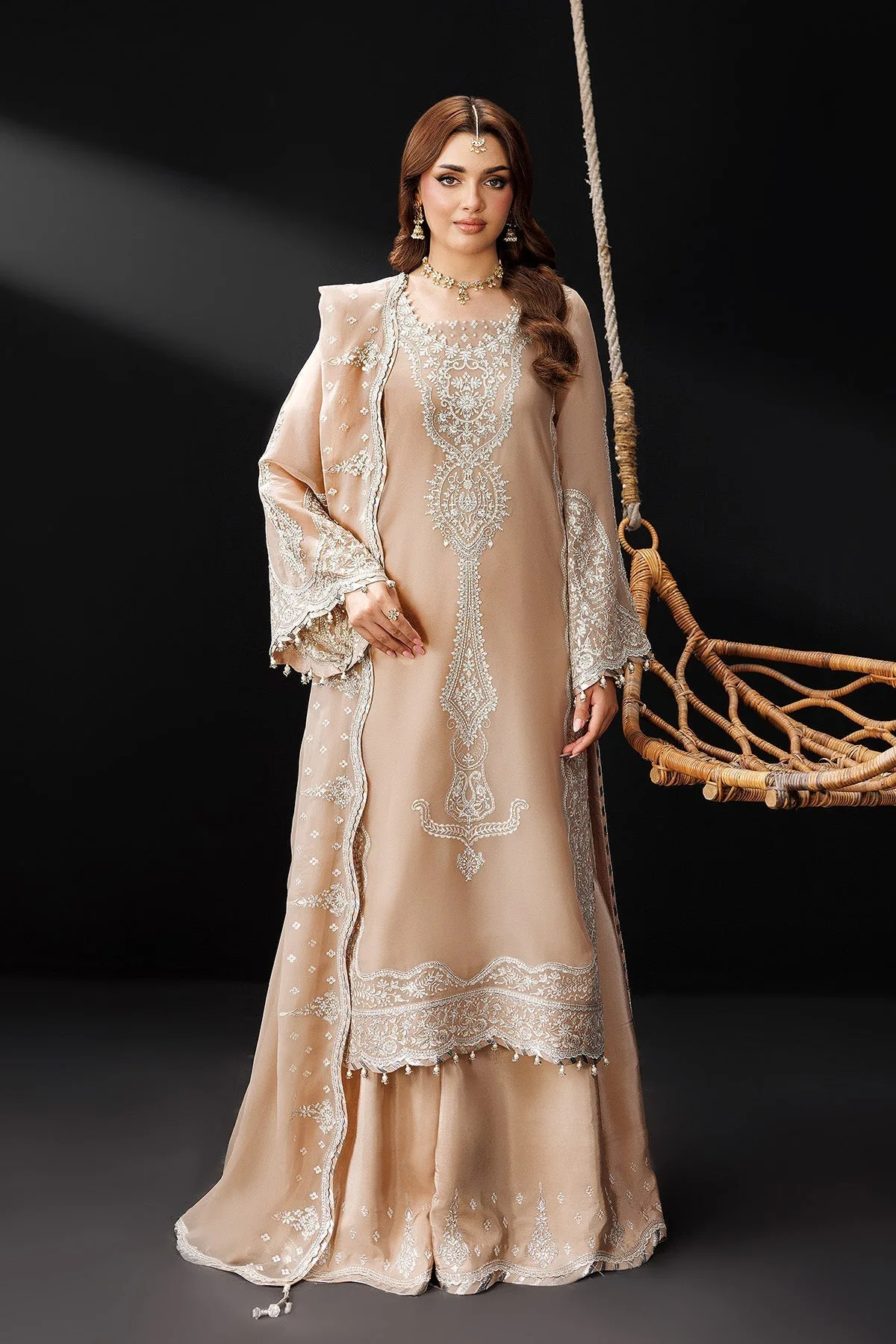 Light brown formal suit with raw silk trousers and chiffon dupatta – view 6 – Poshaq