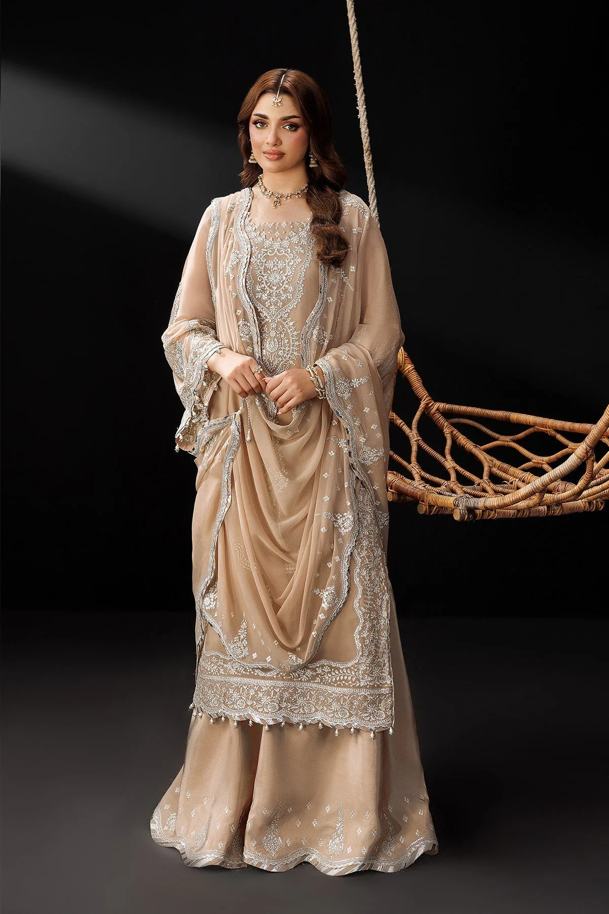 Light brown formal suit with raw silk trousers and chiffon dupatta – view 7 – Poshaq