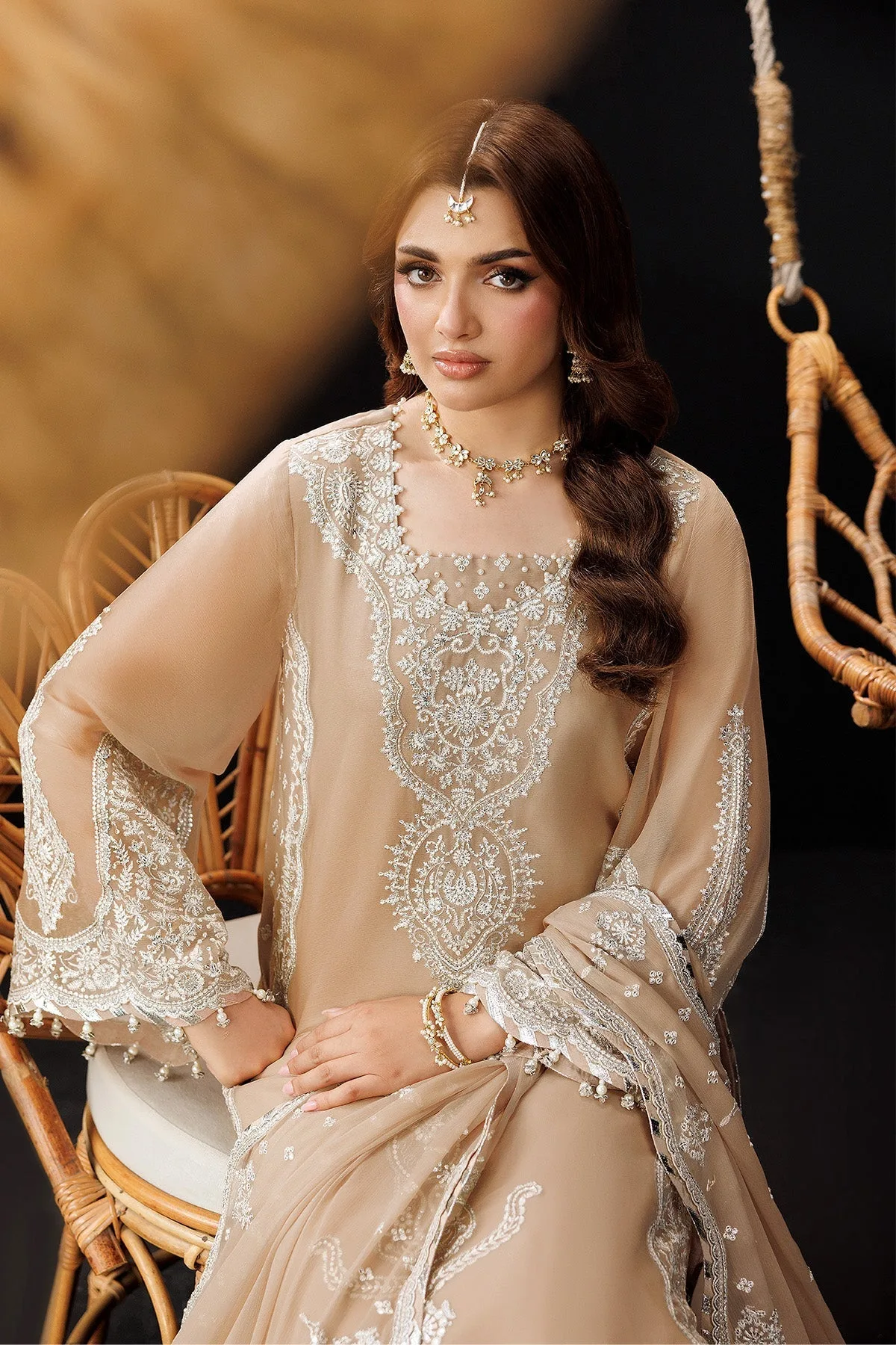 Light brown formal suit with raw silk trousers and chiffon dupatta – view 9 – Poshaq