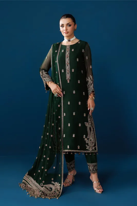 Deep green long shirt with organza and chiffon detailing – view 1 – Poshaq