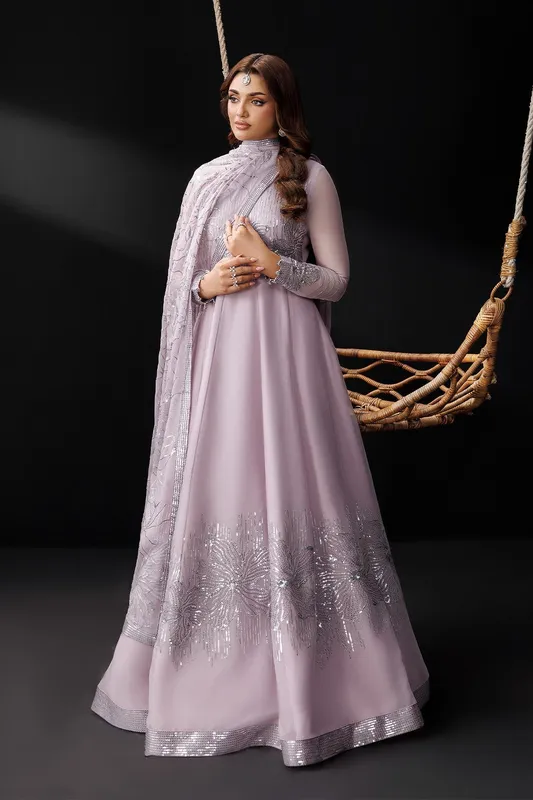 Lilac silk formal suit with embroidered bodice, flared skirt and dupatta – view 1 – Poshaq