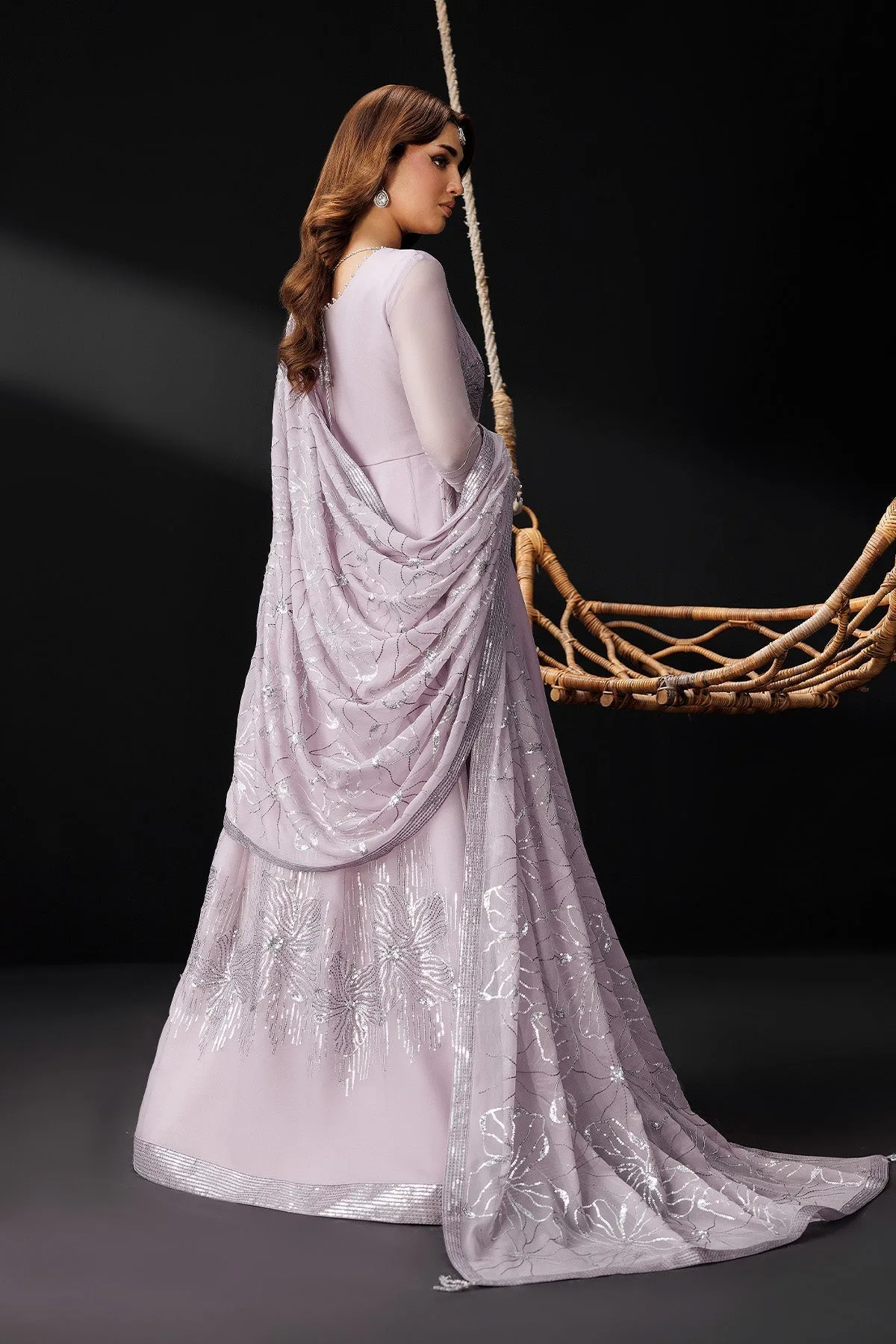 Lilac silk formal suit with embroidered bodice, flared skirt and dupatta – view 2 – Poshaq
