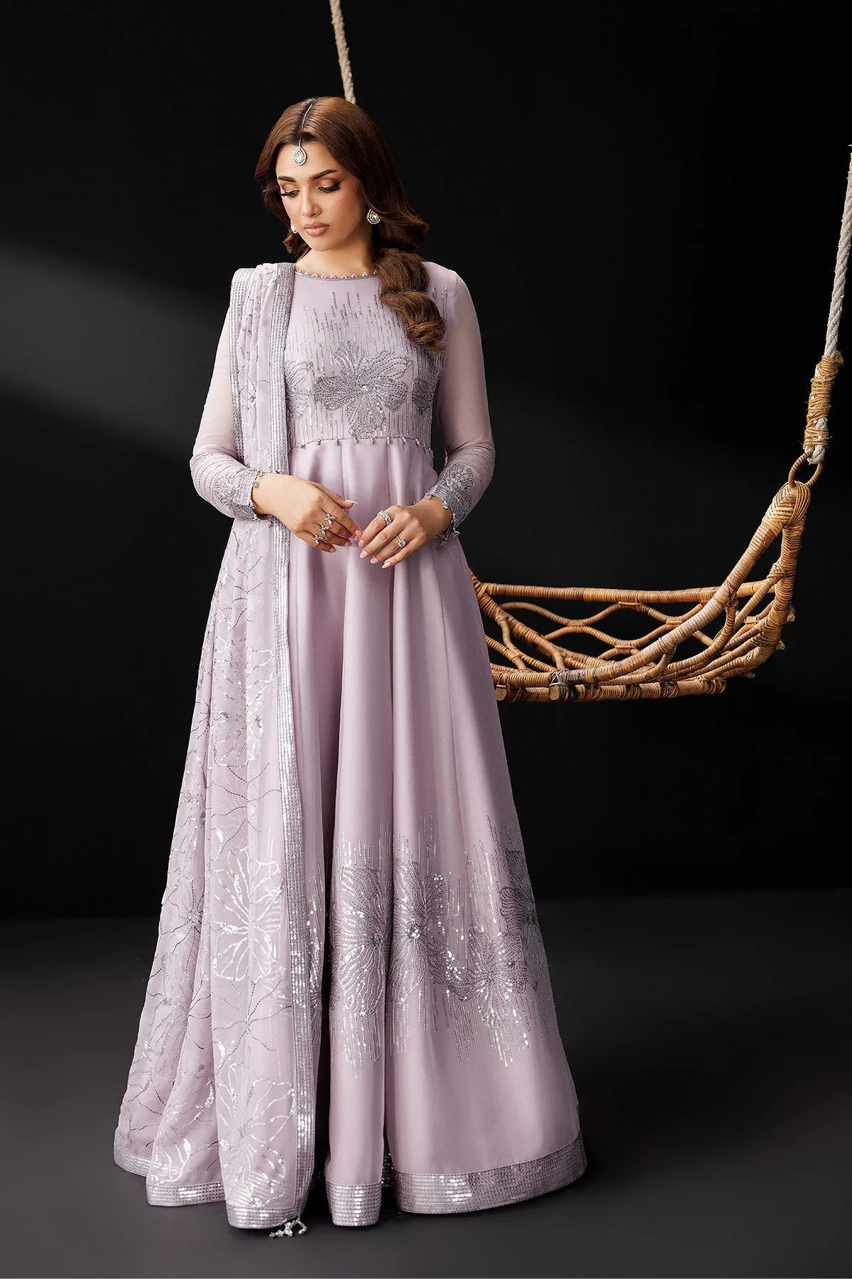 Lilac silk formal suit with embroidered bodice, flared skirt and dupatta – view 6 – Poshaq