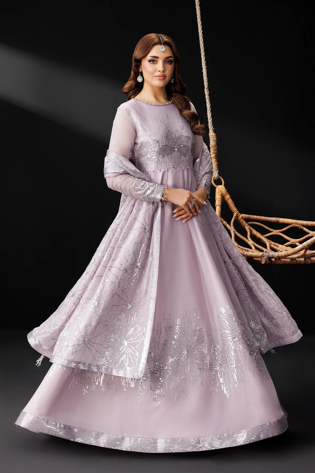 Lilac silk formal suit with embroidered bodice, flared skirt and dupatta – view 8 – Poshaq