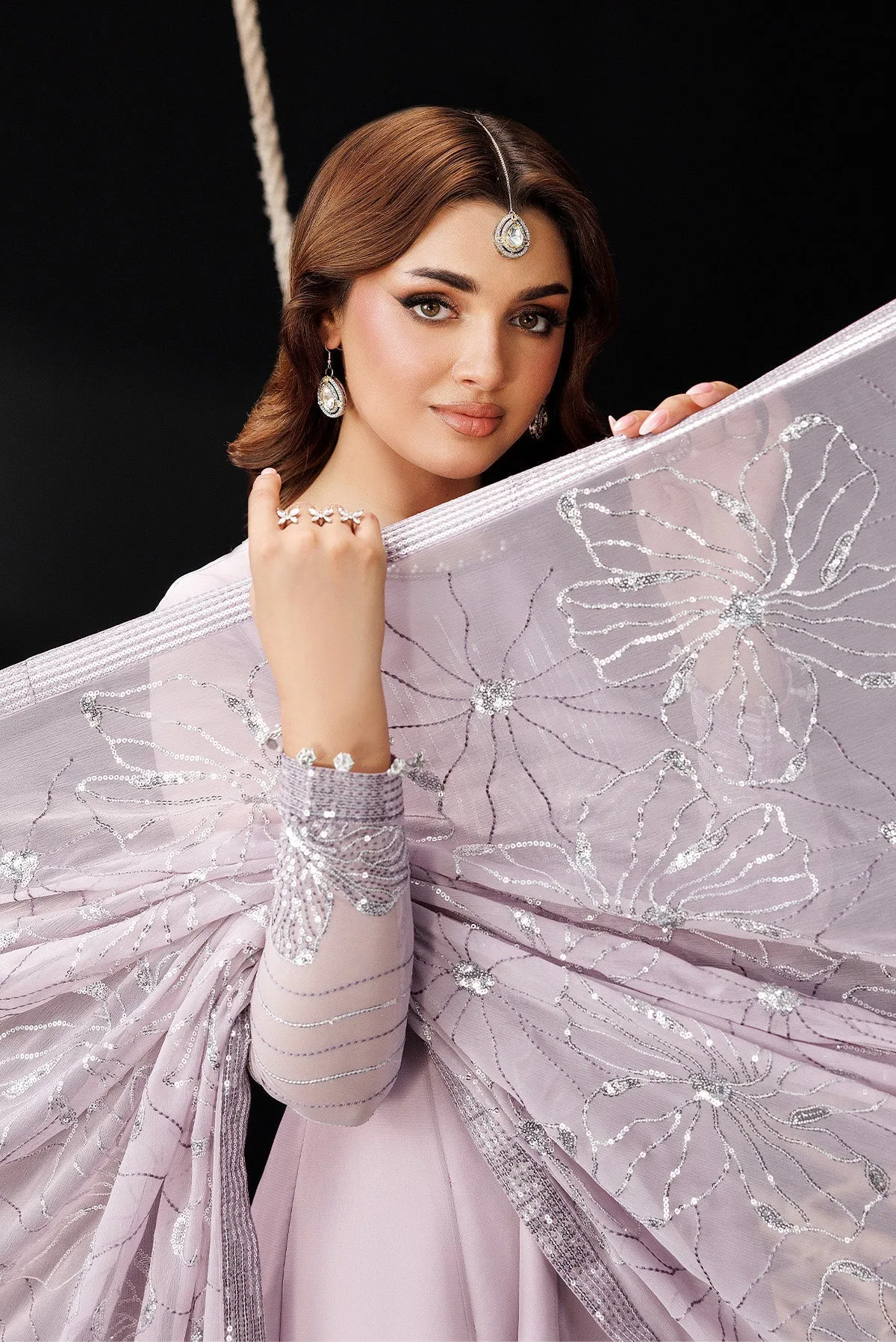 Lilac silk formal suit with embroidered bodice, flared skirt and dupatta – view 9 – Poshaq