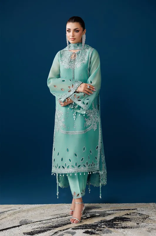 Teal green silk and chiffon long shirt with embroidered details – view 1 – Poshaq