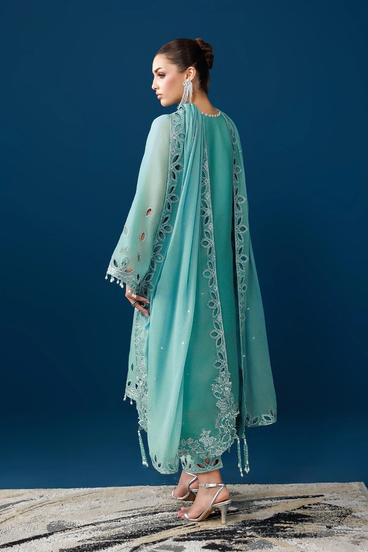 Teal green silk and chiffon long shirt with embroidered details – view 2 – Poshaq