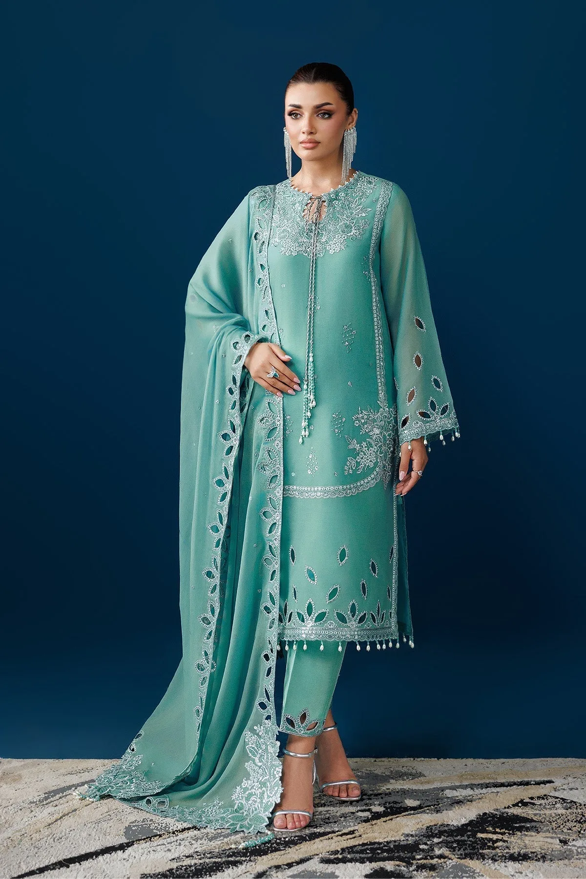 Teal green silk and chiffon long shirt with embroidered details – view 3 – Poshaq