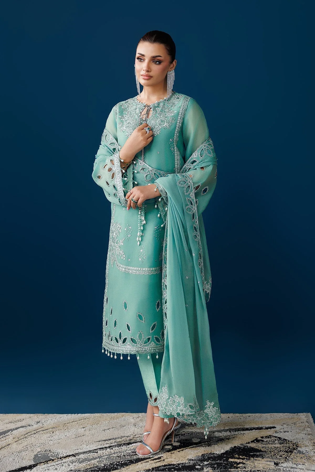 Teal green silk and chiffon long shirt with embroidered details – view 4 – Poshaq