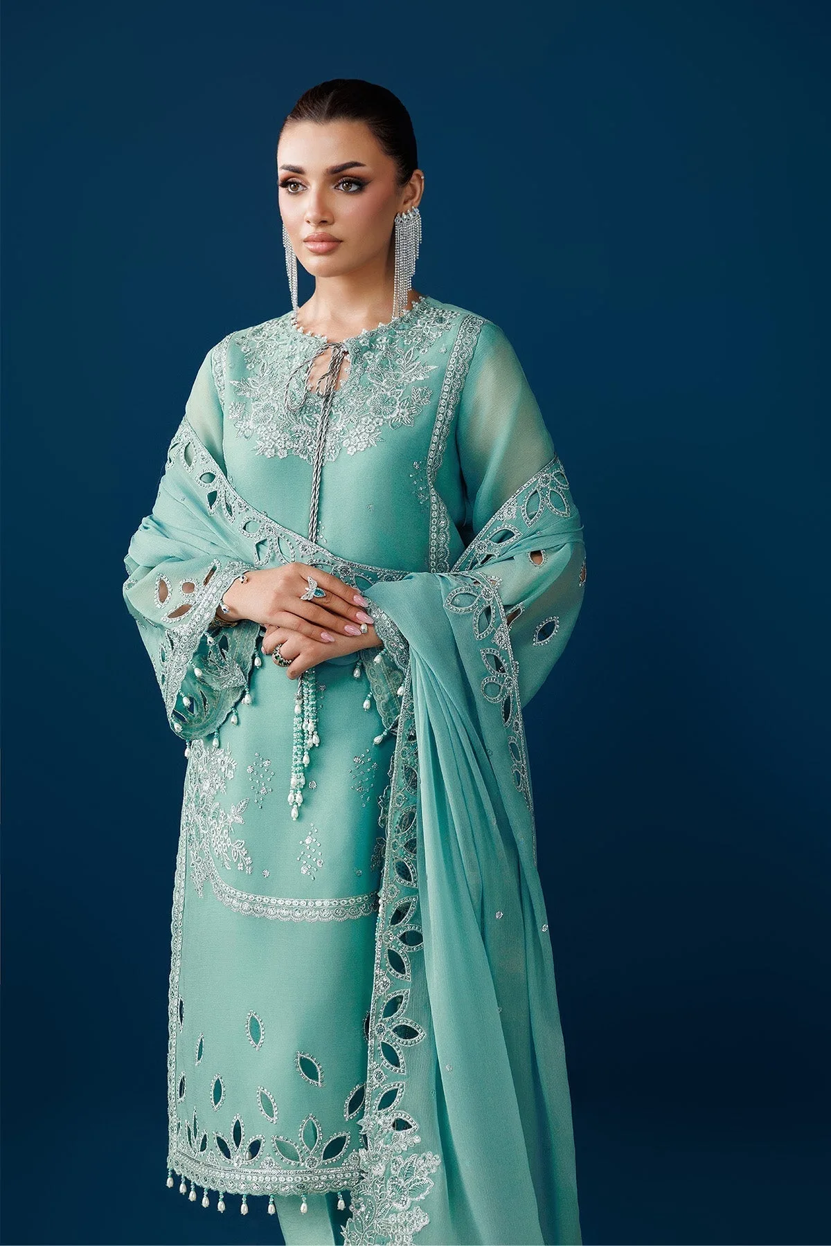 Teal green silk and chiffon long shirt with embroidered details – view 5 – Poshaq